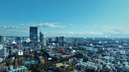Aufkleber - app, sns, network, social media, drone, aerial view, society, communication, technology, future, outlook, blue sky, horizon, panorama, buildings, system, security, blockchain, block chain, data, cloud