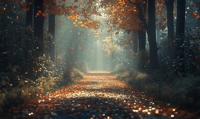 Wall Mural - Autumn path, sun rays, forest, misty, leaves