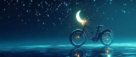 Wall Mural - bicycle under crescent moon and starry night sky.