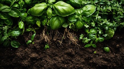 Wall Mural - Fresh basil and oregano plants with roots in rich soil.