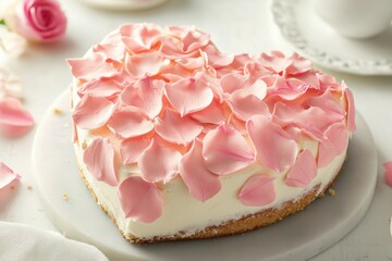 Wall Mural - Heart Shaped Cake Decorated With Pink Rose Petals