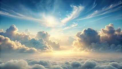 Wall Mural - A breathtaking panorama of a celestial sunrise, showcasing a vibrant interplay of light and shadow amongst majestic clouds, creating a serene and awe-inspiring spectacle.