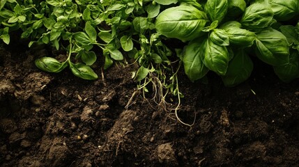 Lush green herbs growing from dark soil.