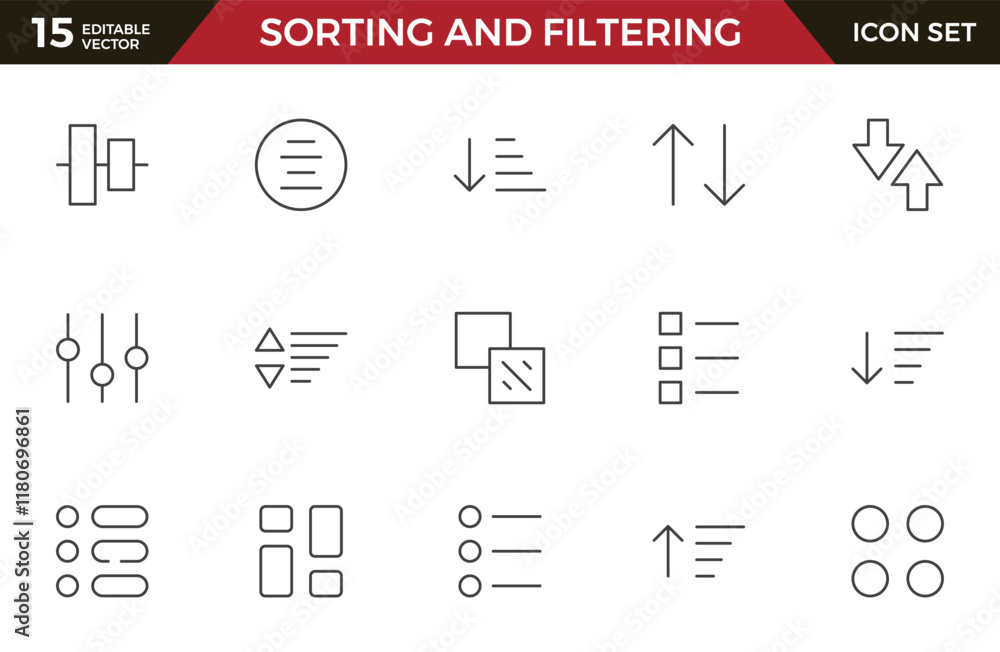 Set of sorting and filtering related linear icons on white background ...