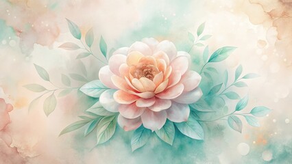 Wall Mural - Serene Watercolor Blossom A Delicate Pink Flower with Teal Leaves on a Soft Background