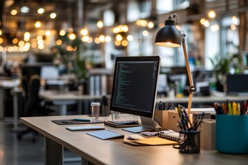 Poster - contemporary office with a clean desk featuring a computer monitor, a lamp, and a notebook