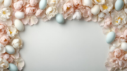 Wall Mural - Colorful Easter eggs surrounded by blooming flowers create festive scene