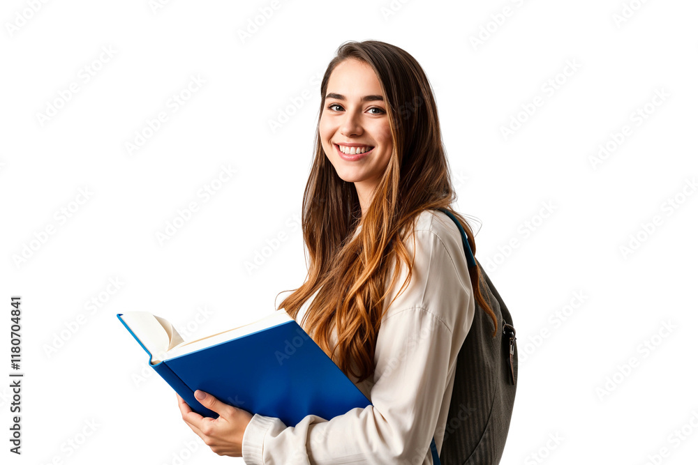 Portrait of a smiling young female student holding books, isolated on ...