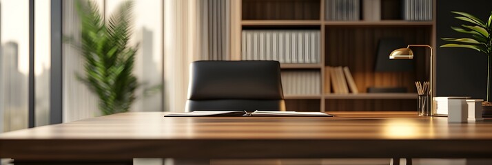 Poster - classic office with a wooden desk, a bookcase in the background, and soft lighting