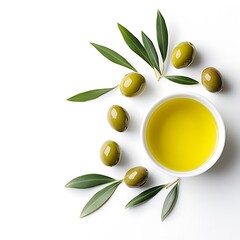 Wall Mural - Green olives and olive oil with leaves isolated on white background