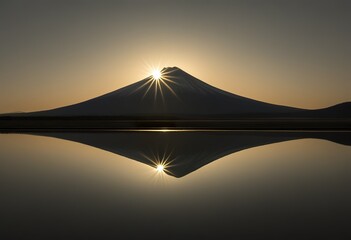 Wall Mural - Mount Fuji Sunrise Majestic Peak, Starburst, Lake Reflection