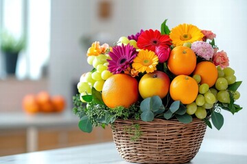 Wall Mural - Vibrant Fruit and Flower Arrangement in a Decorative Basket Setting