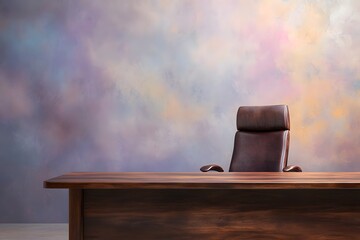 Poster - professional office setup featuring a wooden desk and an ergonomic chair. The background is intentionally blurred, with soft colors and light creating an unobtrusive atmosphere