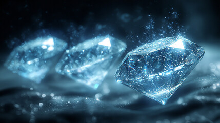 Wall Mural - Glowing diamonds levitating on dark surface.