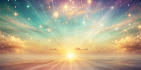 Wall Mural - Celestial Sunrise A Serene Dreamscape of Golden Rays, Sparkling Stars, and Soft Clouds in a Peaceful Atmosphere