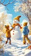 © Sirapopmillion - Panoramic view of happy snowman in winter, Joyful Scene of Children Playing with a Happy Snowman in a Beautiful Winter Landscape Under a Clear Blue Sky