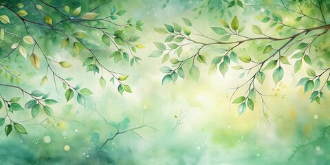 Wall Mural - Serene Watercolor Depiction of Lush Green Branches and Leaves, Evoking a Sense of Tranquility and Natural Beauty