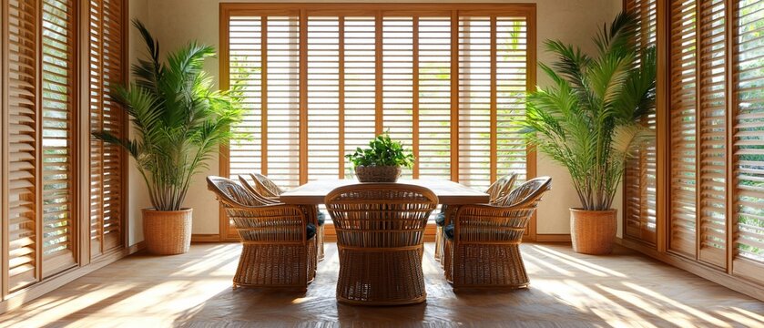 Sunny dining room, rattan chairs, plants, wooden shutters. Home interior design