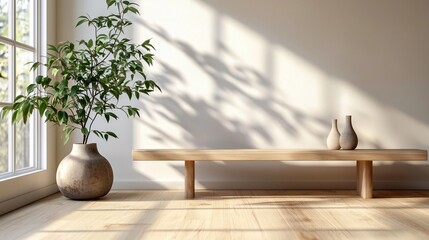 Wall Mural - Minimalist room with wooden bench, plant, and vases.