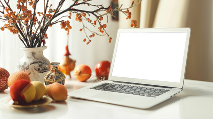 Wall Mural - A mockup of a silver laptop in a bright, stylish Chinese room. An open laptop with an empty screen sits on a table next to a vase of flowers and fruits