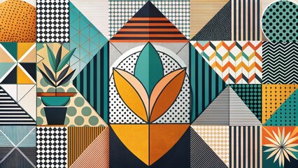Wall Mural - abstract geometric floral composition with teal and orange accents, featuring a variety of patterns 