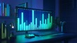 © BerkahStock - Illuminated desk with computer displaying vibrant data graphs.
