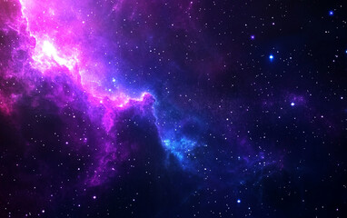 Vibrant cosmic nebula with purple and blue swirling gas clouds illuminated by distant stars in deep space galaxy panoramic view celestial beauty