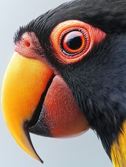 Wall Mural - Close-up of a colorful bird's head, showcasing its vibrant feathers and striking eye.