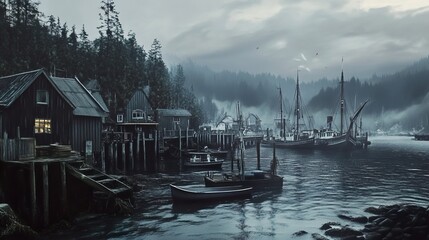 Poster - Misty Harbor Village: A Serene Coastal Landscape