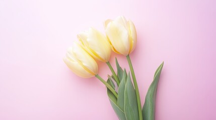 Three yellow tulips are standing upright on a pink background