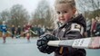 © Wilasinee - Portrait of a young hockey player gripping a hockey stick while standing on an ice rink during a competitive match or game  The child is wearing a sports uniform and appears focused and determined