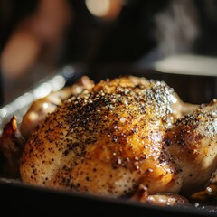 Wall Mural - Roasted chicken in a baking pan, seasoned with pepper.