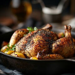 Wall Mural - Roasted chicken with potatoes in a cast iron skillet.