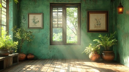 Sunlit Room Plants Wooden Floor Green Wall.