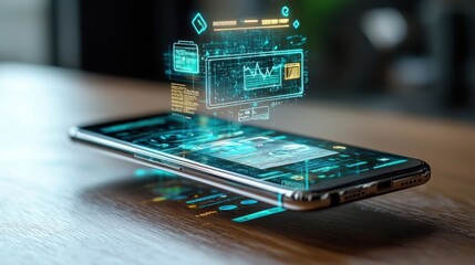 Fototapete - Innovative smartphone projects holographic internet banking experience in high fidelity modern office environment futuristic technology concept