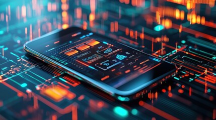 Fototapete - Innovative smartphone projects holographic internet banking in high fidelity virtual environment futuristic concept