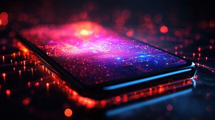 Poster - Glowing internet banking action on smartphone screen digital environment low fidelity viewpoint of technology concept