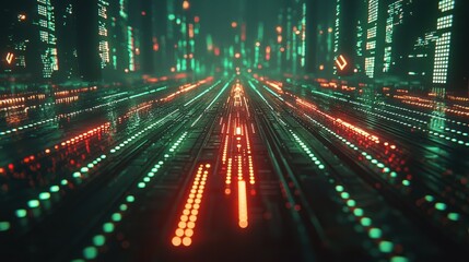 Aufkleber - Exploring digital tokens and glowing arrows representing global high fidelity in a futuristic urban environment