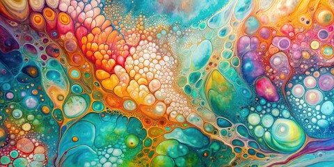 Wall Mural - Vibrant Abstract Fluid Art Painting with Swirling Colors and Organic Shapes, Featuring a Kaleidoscope of Hues and Textured Bubbles in a Dynamic Composition