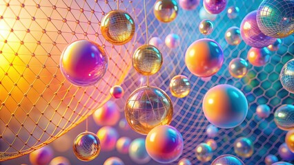 Abstract iridescent spheres suspended within a golden lattice structure, creating a vibrant and dynamic visual composition.