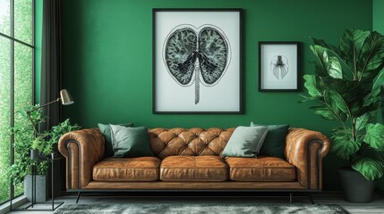 Green room interior leather sofa with plants and anatomical prints.