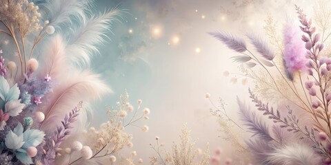 Wall Mural - Serene Pastel Floral Arrangement with Delicate Feathers and Soft Lighting for a Tranquil and Peaceful Atmosphere