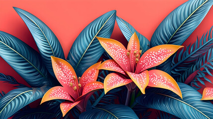 Wall Mural - coral backdrop vibrant lilies tropical leaves digital art floral design website banner.