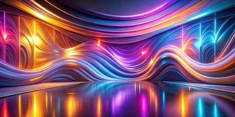Wall Mural - abstract colorful swirling waves interior design with glowing neon lights and reflective floor