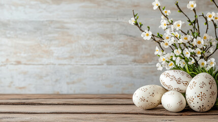 Beautifully decorated Easter eggs with flowers on wooden table