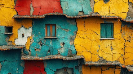 Wall Mural - Cracked, colorful building facade; weathered windows.