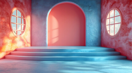 Wall Mural - Pastel-hued room with arched niche, steps, and round windows, showcasing product display; sunlight streams through.