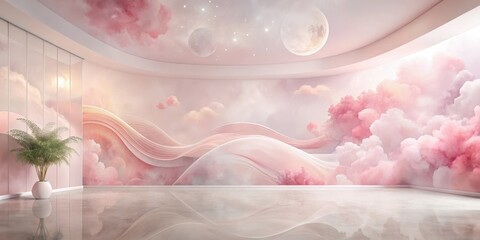 Wall Mural - Serene dreamscape interior design with pastel pink clouds, celestial bodies, and flowing abstract forms, perfect for relaxation and tranquility.