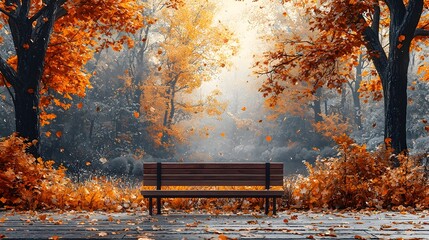 Poster - Peaceful Autumn Park Bench Surrounded by Vibrant Foliage and Falling Leaves