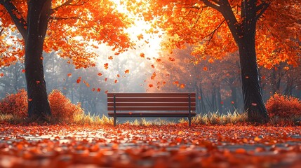 Wall Mural - cozy autumn park bench surrounded by vibrant falling leaves in a tranquil landscape